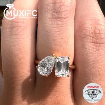 3 Carat Moissanite Wedding Ring with Certificate Sparkling 2 Stone Pear/Emerald Cut Lab Diamond Engagement Band S925 Silver Gift