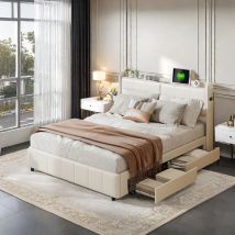 Letto imbottito 140 x 200 cm con illuminazione a LED, letto matrimoniale con 4 cassetti portaoggetti, letto con rete a doghe, senza materasso, PU, bianco