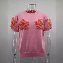 3D Floral Diamanten Kurzarm Frauen Tops Büro Dame Elegante Oansatz Gestrickte T-shirts 2025, Neue Sommer Stricken Tops Tanks