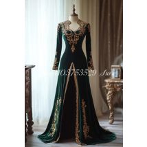 Jägergrünes Abendkleid, exquisite Applikation, Stickerei, lange Ärmel, A-Linien-Kleid, formelle Anlässe, Damen-Partykleider, individuell
