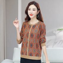 2024 elegante Mode gedruckt T-Shirt Damen bekleidung Frühling Herbst pendeln lässig Perlen gespleißt Rundhals ausschnitt weibliche Tops