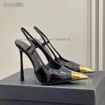 Goldene Metallkappe, elastisches Band, Rückengurt, Stiletto-High-Heels, echtes Leder, Büro-Damen-Pumps, Größe 34–41, seitlich leere Grace-Sandalen