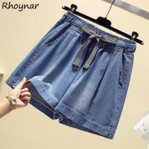 Shorts Frauen A-linie Lose Kordelzug Elastische Taille Koreanischen Stil Streetwear Sommer Breite Bein Stretchy Demin Klassische Weiche Hosen