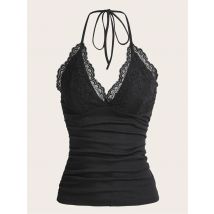 Goth Grunge Punk Nero Patchwork di pizzo Halter Top Donna Estate Solido Increspato Backless Senza maniche Canotta Streetwear Y2K Vestiti