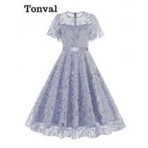 Tonval Pailletten Blatt bestickt Mesh Overlay elegante Kleider für Frauen 2024 Vintage Cocktail Party Luxus langes Kleid