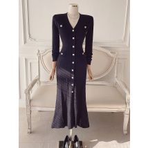 Herbst Winter Vintage Lange Kleid Frauen Sexy V-ausschnitt Schlank Einreiher Langarm Gestrickte Kleider Damen Elegante Lange Robe