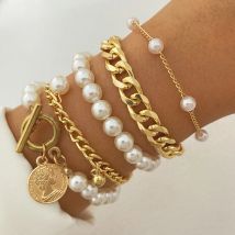 Vintage Imitation Perle Kette Perlen Armband Set Für Frauen Relievo Gold Farbe Anhänger Offene Manschette Armreif Mädchen Schmuck Geschenk