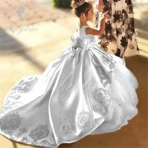 Weißes Satin Blumen mädchen Kleid für Hochzeit ärmellose geschwollene Tüll boden lange Kinder Geburtstags feier Erstkommunion Ballkleid neu