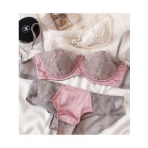 1/2 Französisch Romantische Pure Desire Sexy Push-up-Display Große Unterwäsche Grau Pulver Patchwork Spitze Frauen Rose knoten Welle Mesh Bh Set