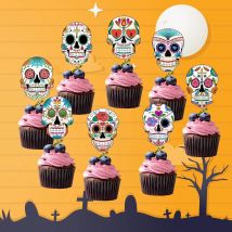 1 Satz Halloween Schädel Banner bunte Schädel Kuchen Topper hängen Tags für Halloween Party Dekor Trick oder behandeln Geschenke liefern