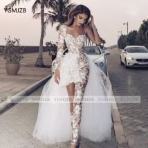 Sexy Kurze Boho Böhmischen Hochzeit Kleid Spitze Overall für Braut One Long Sleeves mit Abnehmbare Zug Brautkleider