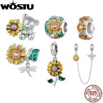 WOSTU 925 Sterling Silber Mädchen Perlen Sonnenblume Uhr Charms Perlen Anhänger Fit Original Armband Halskette Für Frauen Schmuck