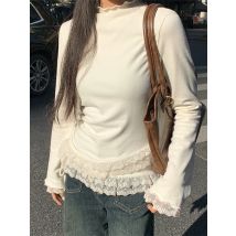 Chic Lace Patchwork Long Sleeved T-shirt Base Shirt for Women Winter Slim Half High Neck Top Pullover