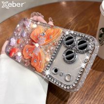 Luxury Sparkling Diamond Butterfly Phone Case For iPhone 13 14 15 16 Plus 17 Pro Max Bling Rhinestones Shockproof Hard Cover
