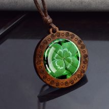 Vierblättriges Kleeblatt, Glaskuppel, Holzanhänger, Halskette, Seilkette, Halskette, Retro-Schmuck, St. Patrick's Day-Geschenk