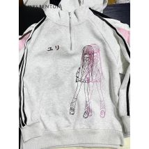 2024 New Japanese Autumn and Winter Two-dimensional Loose Versatile Lapel Subculture Half Zipper Top Fleece Sweater For Women
