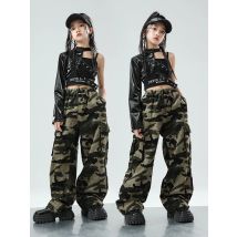 Mädchen Hip Hop Crop Top Manschette Camouflage Cargo Hosen Kleidung Sets Kind PU Leder Street Dance Jogger Kinder Streetwear Kostüme