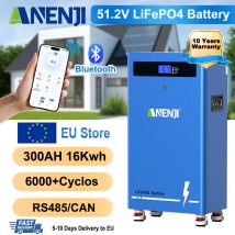 Batteria LiFePO4 ANENJI 51.2V 300Ah 16Kwh 5.12kwh, 6000 Cicli, BMS 100Ah, Accumulo Energia Solare, Batteria al Litio, STOCK UE