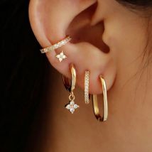 5PCS Exquisite Luxury Zircon Flower Pendant Hoop Earrings For Women Simple Fashion Stainless Steel Huggies Jewelry Aretes