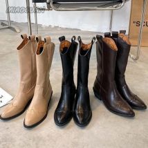 Frauen Western Mid Calf Stiefel Pu Lederstiefel Damen schwarzen Cowboy Retro Frauen arbeiten Oxford Schuhe weibliche Vintage Casual Botas