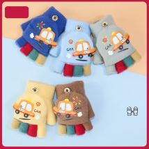 Children's Gloves Cartoon Warm Baby Cute Half-Finger Flip Cover Winter Writing Dual-Use Boys' Five-Finger Knitted Thickened