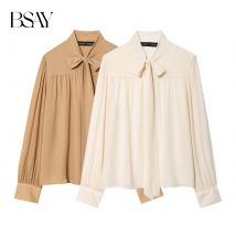 BSAY Damen-Herbst-Neue Kollektion 2025, Laterne, langärmelig, modisch, lässig, vielseitig, Chiffon-Oberteil mit Schleifenkragen