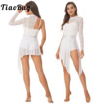 Abito da ballo lirico da donna, monospalla, manica lunga, pizzo trasparente, body da ginnastica, abiti da danza moderna e contemporanea
