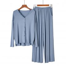 Japanese new style cotton pajamas suit ladies spring and autumn cardigan solid color long-sleeved trousers home service suit