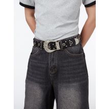 1 Stück Herren-Jeansgürtel im westlichen Stil mit Distressed-Textur, Strass und Perlenverzierung, hohle Schnalle, lässiges Sommer-Accessoire