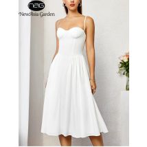 Newasia Damen verstellbare Träger rücken freie Midi Korsett Kleid fließende Fischgräten A-Linie ausgehen lässige lange Kleider weiß