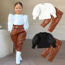Set di abbigliamento per bambina per bambini Camicetta a costine con maniche lunghe a sbuffo Top + Pantaloni in pelle PU con cintura 2 pezzi per abbigliamento per ragazze Taglia 1 2 3 4 5 6