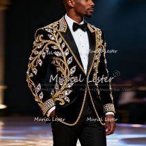 Exklusive Perlensteine-Anzüge für Herren, maßgeschneidert, Samt, Bräutigam, Hochzeit, Smoking, 3-teiliges Set, Revers, Abschlussball, Blazer, Kostüm Homme