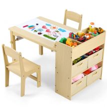 Set tavolo e sedia d'arte per bambini con 2 sedie tavolo artigianale in legno con ripiani, contenitori in tela, rotolo di carta, tavolo per sala giochi per bambini
