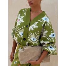 Vintage Geometric Print Sweater Cardigan Woman Elegant Single Breasted V Neck Jacket Autumn Long Sleeve Loose Knitwear Top Mujer