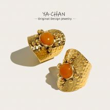YACHAN 18 Karat vergoldeter Edelstahl breiter Ring für Frauen Luxus orange Stein Metall Textur trend igen ästhetischen Schmuck