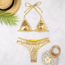 Sexy Dreieck Push Up Bikini Metallic Brasilianische Bademode Frauen Goldene Silber Side String Bikini Badeanzug Strand Tragen Biquini