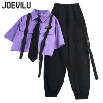 Sommer Hosen Anzug frauen Koreanische Lose Krawatte Kurzarm Hemd Hohe Taille Gerade Bein Overalls 2-teilige Sets Streetwear Outfits