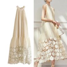 Mode Stickerei Blume Spitze aushöhlen Sommerkleid lässig Schnürung ärmellose lose Urlaub Sommerkleider Strand kleid