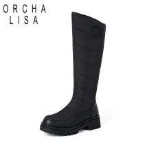 ORCHA LISA 2025 Moderne Winter-Schneestiefel, runde Zehen, 5 cm, klobiger Absatz, zum Hineinschlüpfen, wasserdicht, für den Außenbereich, kniehoch, Bota, Übergröße 42 43 44