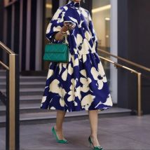 Women Plus Size Dresses 5XL VONDA Bohemian Autumn 3/4 Puff Sleeve Stand Collar Ruffled Long Robe Casual Printing Midi Vestidos