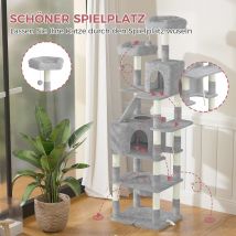 Árbol para gatos Oak & Tea XXL, 208cm, 16 pilares para gatos, casa para gatos, hamaca y rascador para gatos grandes/pequeños, gris claro