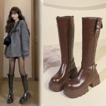 Plattform Kampf Stiefel Weibliche Zip Chuny Ferse Schnalle Vintage Mode Casual Luxus Designer Western Mittlere Waden Stiefel Schuhe Frau