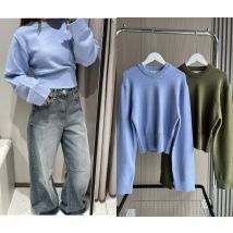 Maglione lavorato a maglia girocollo a maniche larghe 2025 nuovo prodotto cardigan corto da donna a maniche lunghe con orlo a coste ultra largo