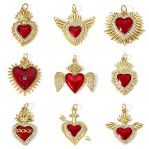 1pc Religious Copper Pendant Gold Color Red Heart Enamel Clear Cubic Zirconia Charms DIY Necklace Bracelets Jewelry Findings