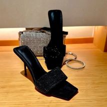 Schwarz Karree Strass Stiletto High Heels Hausschuhe Marke Designer Sommer Sexy Samt Ein Gürtel Schuhe für Frauen Party Pumpen