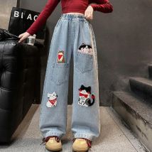 Neue Design Kinder Katze Bestickt Gedruckt Jeans Für Mädchen High Fashion Streetwear Denim Hosen Kinder Trendy Cartoon Hosen