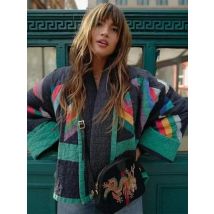 2025 frauen Patchwork Druck Lose Frauen Baumwolle Jacke Lange Flare Hülse V-ausschnitt Weiblichen Mantel Herbst Winter Elegante Straße Jacken