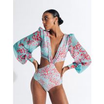 2024 neue Plus Größe Gedruckt Langarm Bademode Frauen Ein Stück Badeanzug Weibliche Tiefe V Body Badeanzug Bademode Schwimmen Anzug