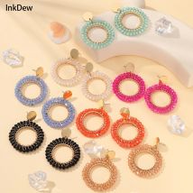 INKDEW Runde Form Tropfen Ohrringe für Frauen Eingewickelt Dekorative Ohrringe Handgemachte Facettierte Perlen Kristall Große Ohrringe Schmuck EA069