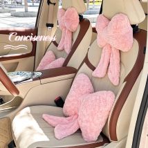 Bow Car Headrest Pillow Winter Warm Plush Neck & Lumbar Support Cushion Universal Adjustable Car Seat Pillow for Women Interio